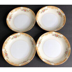 Noritake Morimura  M Mark Soup Bowls Gold Edge Roses Flowers 1930s Set of 4